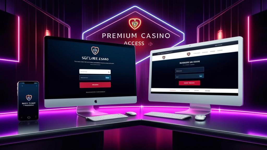 Smartphone and desktop showing secure casino login forms in a neon-lit room