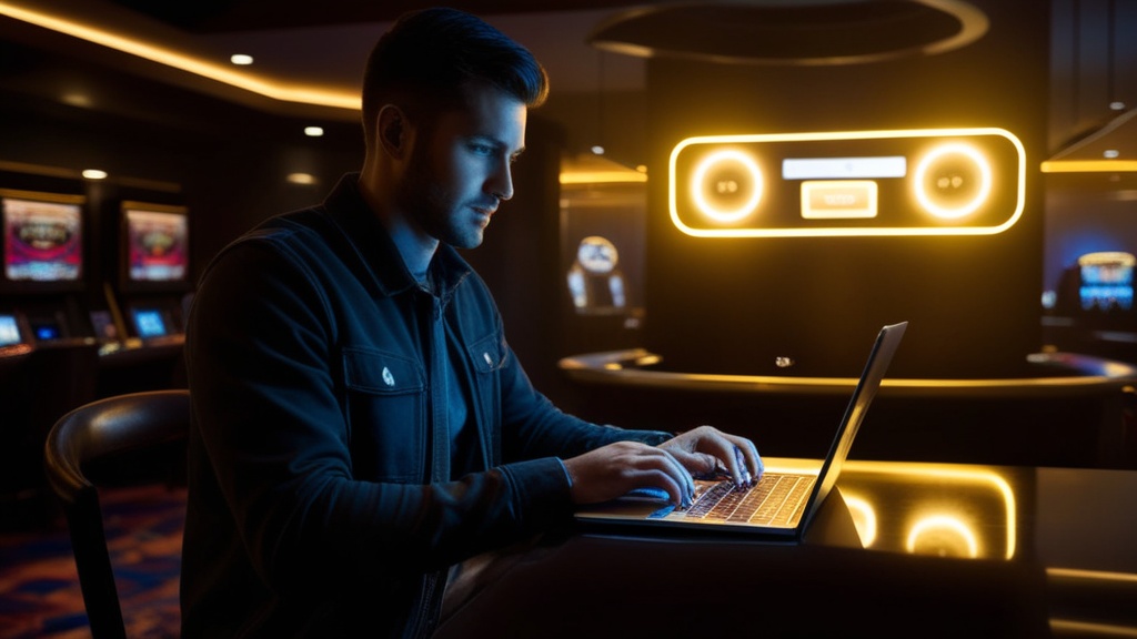 Player signing in on a glowing casino login screen in a dark neon lobby
